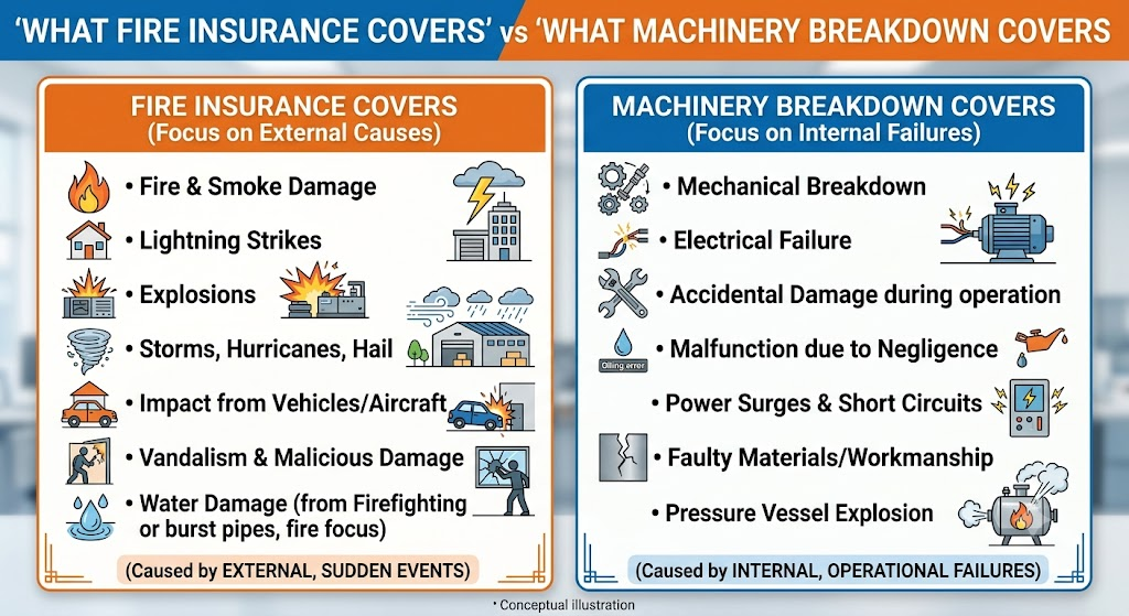 Fire insurance vs machinery breakdown coverage comparison